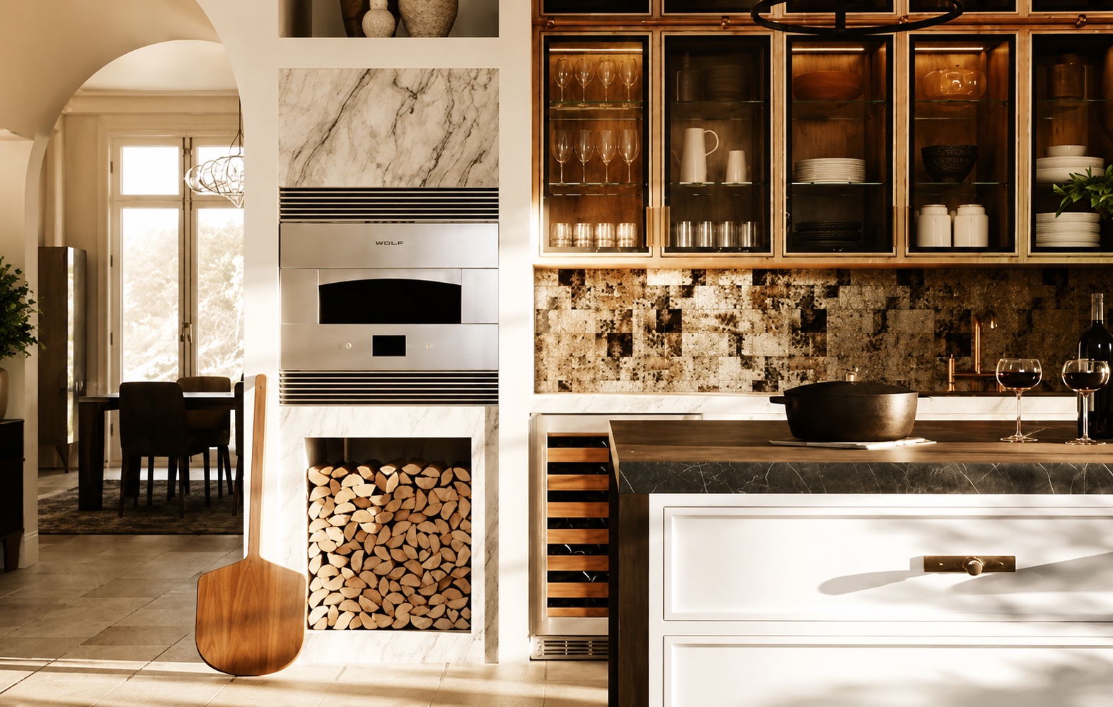 Warm custom chef's kitchen with marble, brass cabinetry, and stone island by Estate Design & Construction